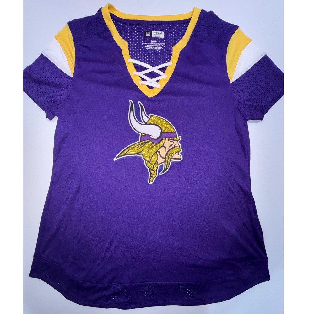 NFL Team Apparel Minnesota Vikings Womens Purple Lace Up Glitter Logo Jersey M